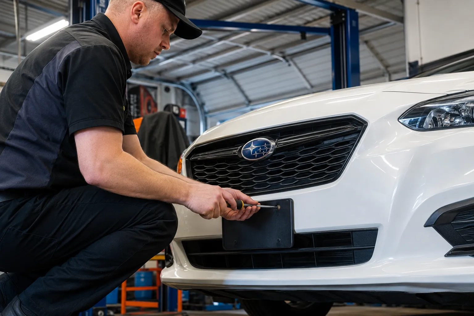 Technician installing a front license plate on a white Subaru inside a modern Subaru service center, with the Subaru logo clearly visible on the grille and automotive equipment in the background.