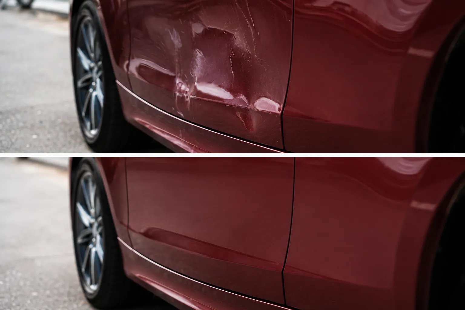 Before and after comparison of a maroon car door with visible damage repaired to a smooth finish, demonstrating professional dent repair in Dubai with high-quality bodywork restoration.