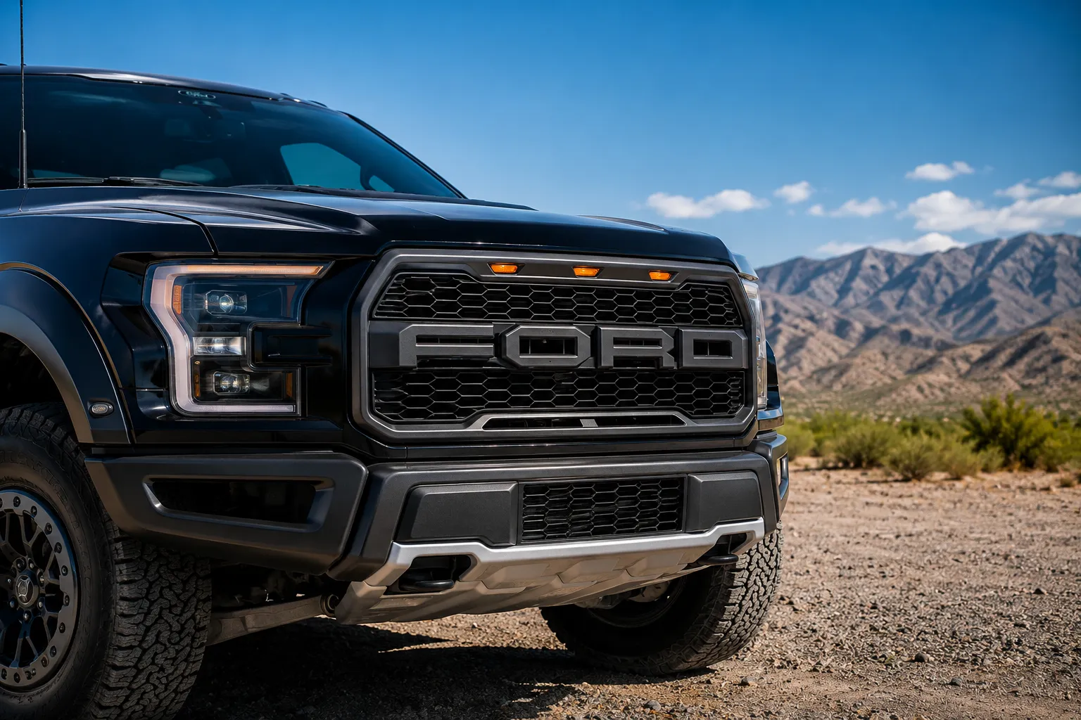 Front three-quarter view of a black Ford off-road pickup truck parked in a desert landscape, highlighting rugged styling and performance often maintained through professional Ford service & repair in UAE workshops.