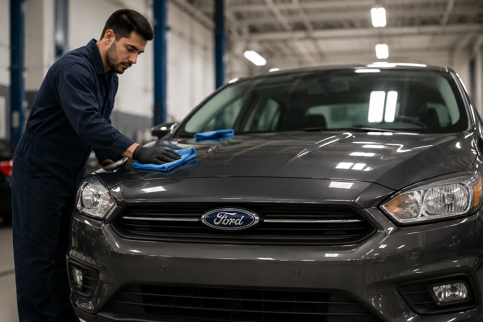 Male automotive technician polishing the hood of a Ford sedan inside a professional workshop, showcasing meticulous care and attention to detail often associated with expert Ford auto body repair services.