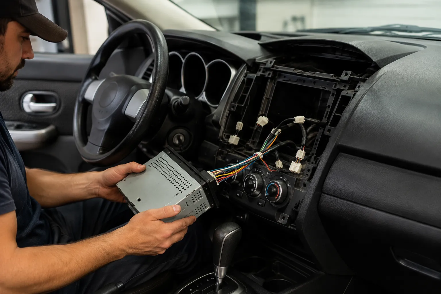 Technician installing an audio system inside a vehicle with the dashboard partially disassembled, showcasing professional car dashboard repair work with exposed wiring and interior components.
