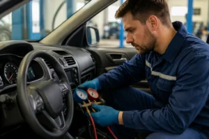 Professional mechanic performing auto air conditioning repair inside a vehicle, inspecting the dashboard and AC system in a modern automotive workshop.