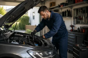 Professional car service at home service with a skilled mechanic performing vehicle maintenance in a residential garage.