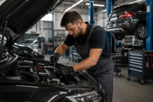 Professional mechanic performing vehicle maintenance and diagnostics in a modern workshop, showcasing expert Dubai auto repair & services for reliable car care and performance.