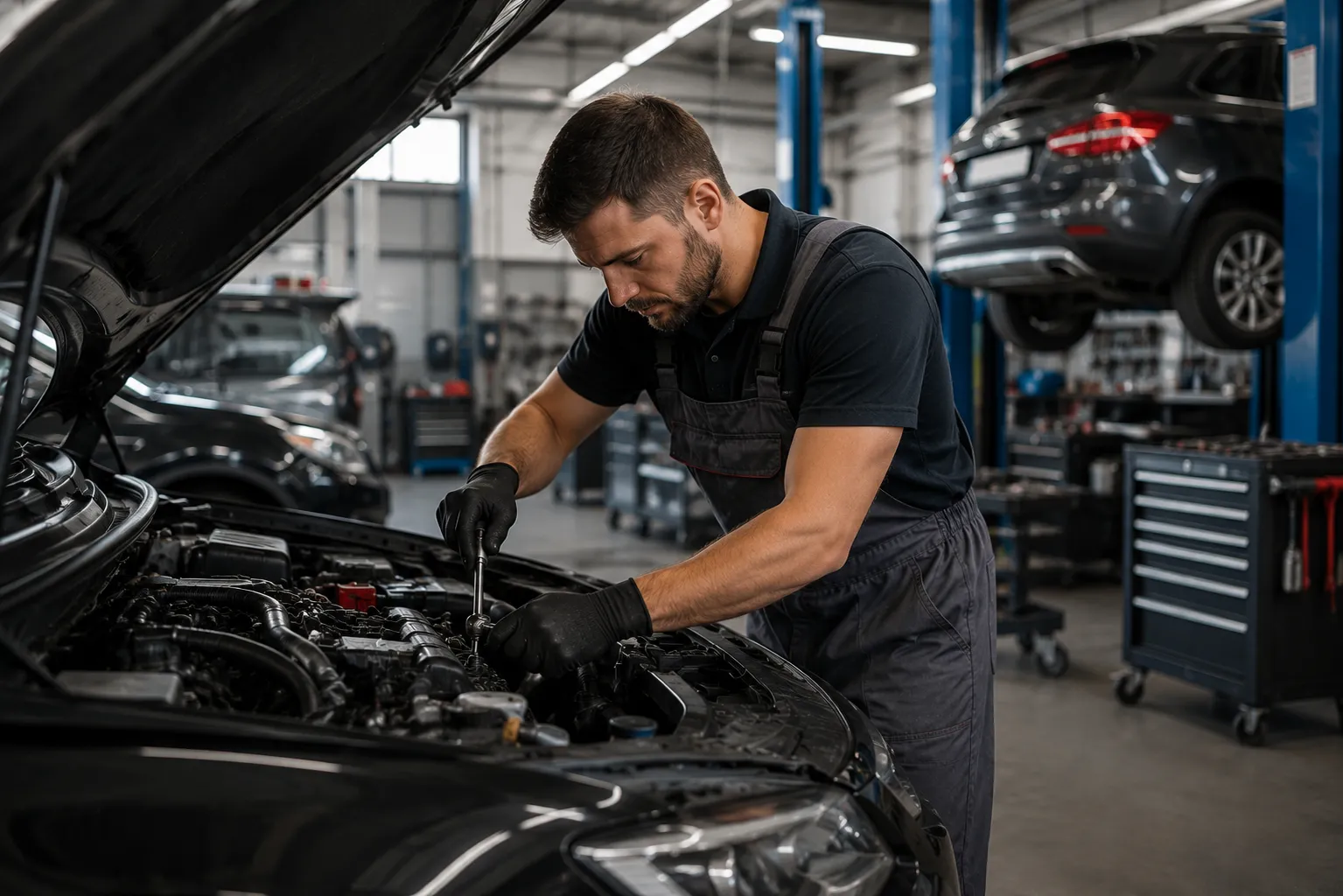 Professional mechanic performing vehicle maintenance and diagnostics in a modern workshop, showcasing expert Dubai auto repair & services for reliable car care and performance.