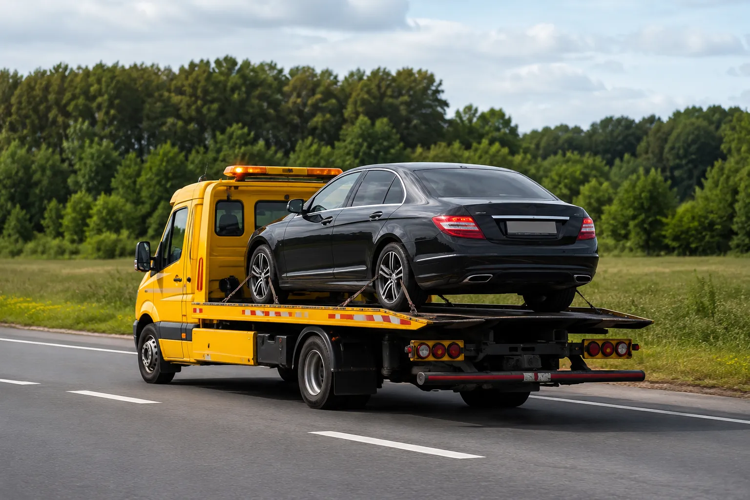 Recovery near me service transporting a disabled vehicle on a flatbed tow truck, providing fast roadside assistance and safe vehicle recovery on the highway.