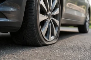 Flat tire on a vehicle parked roadside, highlighting the need for a reliable tyre shop near me for fast tire replacement and emergency roadside assistance.