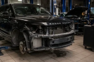 Black Range Rover undergoing professional repairs at a Range Rover repair shop in Dubai, with technicians servicing the vehicle in a fully equipped auto workshop.