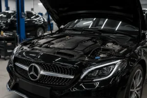 Mercedes vehicle with the hood open inside a modern workshop, undergoing professional Mercedes repair in Dubai as technicians inspect and service the engine components.