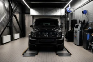 Front view of a black Mercedes-Benz SUV positioned inside a modern Mercedes workshop in Dubai, undergoing diagnostics and inspection on a service platform. The professional garage features advanced automotive equipment, bright overhead lighting, and a clean industrial environment designed for expert Mercedes maintenance and repair services.