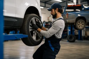 Professional mechanic performing wheel and suspension maintenance on a vehicle lift at a modern workshop, showcasing expert Al Quoz auto repair services for reliable vehicle care and maintenance.