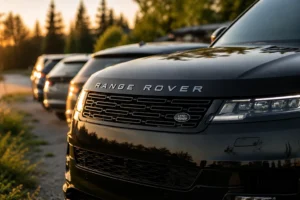 Close-up view of a sleek black Range Rover parked outdoors at sunset, showcasing its premium front grille and signature branding. The luxury SUV appears well-maintained and ready for professional Range Rover service in Dubai, with soft golden-hour lighting reflecting off the polished bodywork and other vehicles blurred in the background.