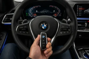 Close-up view of a BMW steering wheel and key fob inside a modern luxury vehicle, highlighting the premium interior, digital instrument cluster, and advanced controls. This image represents professional BMW service center in Dubai expertise for diagnostics, maintenance, key programming, and specialized vehicle care.