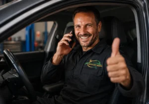 Smiling professional mechanic sitting inside a vehicle while talking on the phone and giving a thumbs-up, showcasing reliable mobile car mechanic in Dubai services. The technician wears a work apron and appears ready to provide on-site vehicle diagnostics, repairs, and roadside assistance for customers across Dubai.