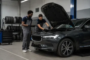 Two professional mechanics inspect and service a luxury SUV with the hood open inside a modern auto repair garage. One technician reviews diagnostic data on a laptop while the other works on the engine, highlighting expert vehicle maintenance, diagnostics, and repair services in a fully equipped workshop.