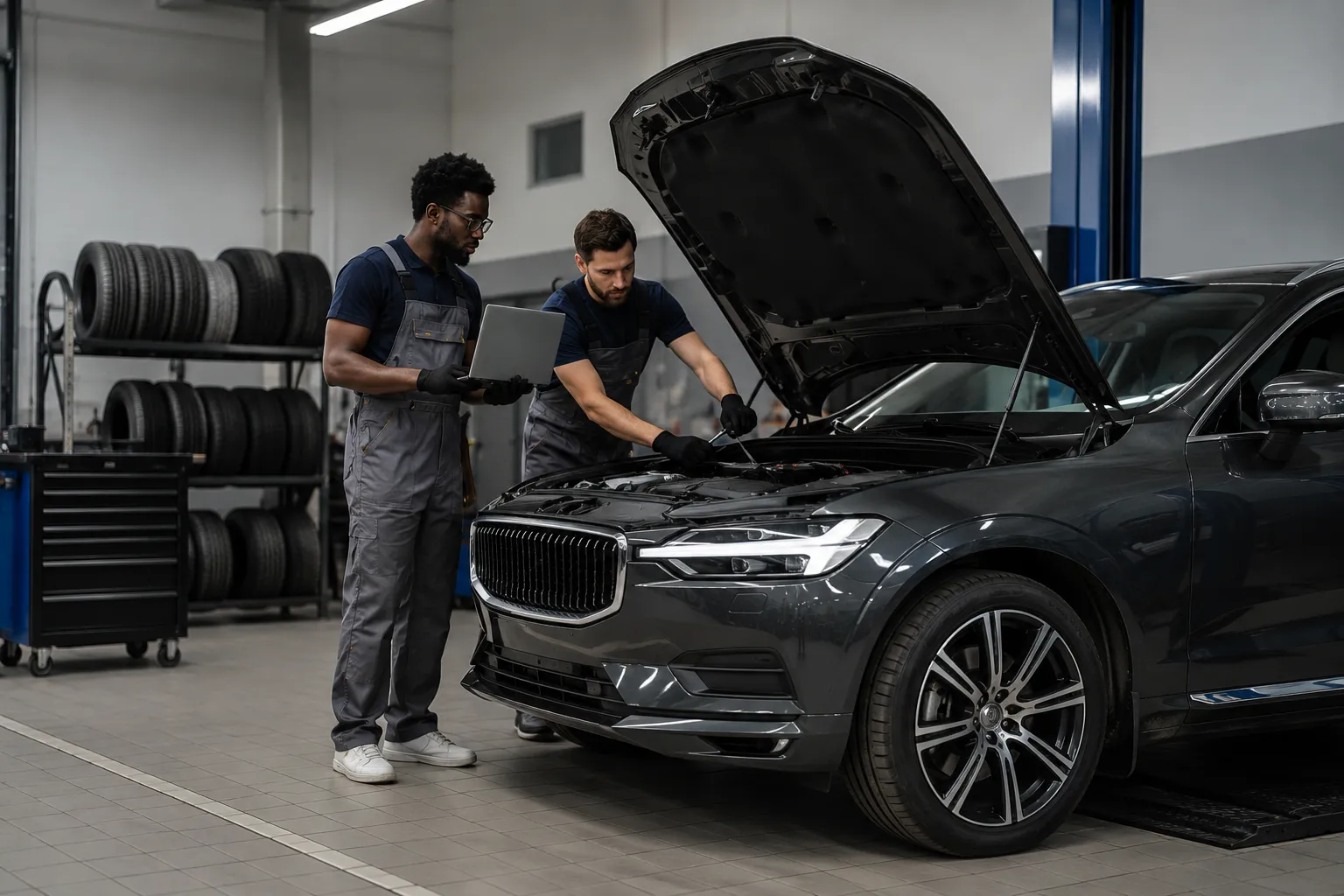 Two professional mechanics inspect and service a luxury SUV with the hood open inside a modern auto repair garage. One technician reviews diagnostic data on a laptop while the other works on the engine, highlighting expert vehicle maintenance, diagnostics, and repair services in a fully equipped workshop.