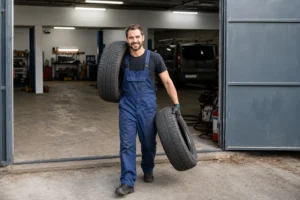 Smiling automotive technician carrying two car tires outside a workshop entrance, showcasing professional car repair in Al Quoz services with a well-equipped garage visible in the background.