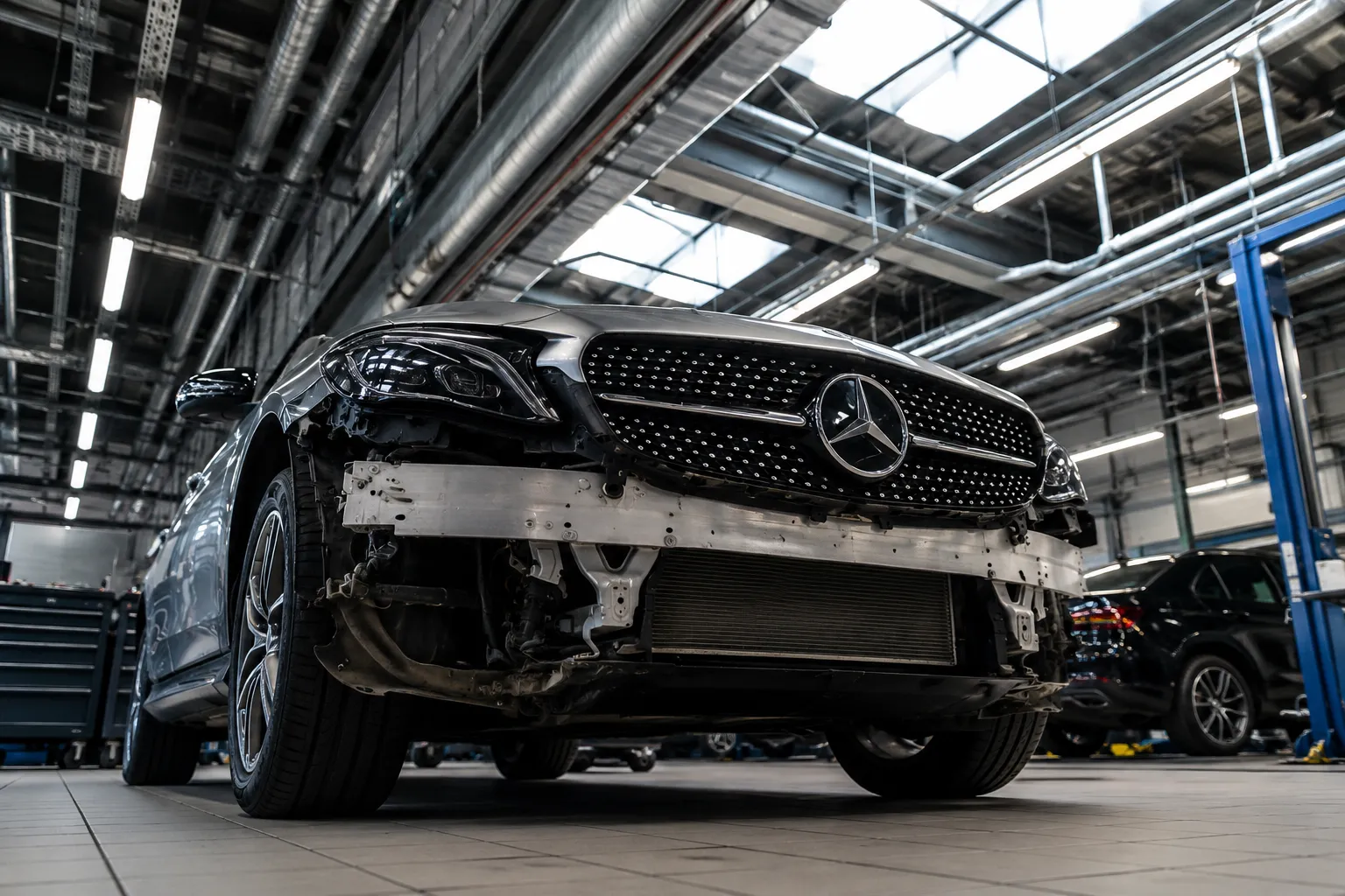 Front low-angle view of a Mercedes vehicle undergoing body and front-end repairs inside the best Mercedes garage in Dubai, with the bumper removed to expose internal components under bright workshop lighting and a professional automotive service environment.
