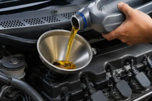 Close-up of fresh engine oil being poured into a car engine through a funnel during routine maintenance, highlighting the importance of a professional oil change service in Dubai for protecting engine performance and extending vehicle life.