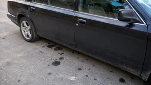 A black BMW sedan is parked on a roadside with multiple dark oil spots visible beneath the vehicle, indicating a possible oil leak in BMW. The close-up side view emphasizes the leaking fluid on the pavement, highlighting the need for prompt diagnosis and professional engine repair to prevent further damage.
