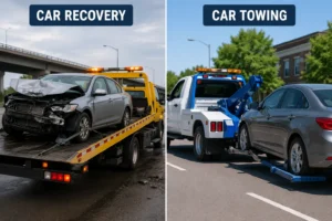 Side-by-side comparison of a damaged vehicle being transported by a car recovery service and a roadworthy vehicle being moved by a towing truck, highlighting the difference between accident recovery and vehicle towing.