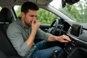 Man inside a Mercedes vehicle covering his nose while adjusting the air vent, highlighting the need for professional Mercedes AC repair to eliminate unpleasant cabin odors and restore clean airflow.