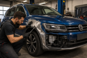 Mechanic repairing a damaged Volkswagen panel at a professional VW body shop, restoring the vehicle’s exterior with expert bodywork and collision repair.