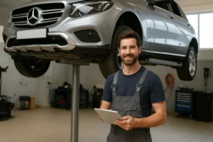 Professional technician performing Mercedes car maintenance & repair in Dubai while inspecting a luxury SUV on a hydraulic lift in a modern automotive workshop.