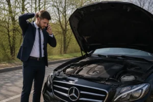 سائق يقف بجانب سيارة مرسيدس وغطاء المحرك مفتوح، ويجري مكالمة هاتفية بعد أن واجه مشاكل في بدء تشغيل مرسيدس على جانب الطريق.