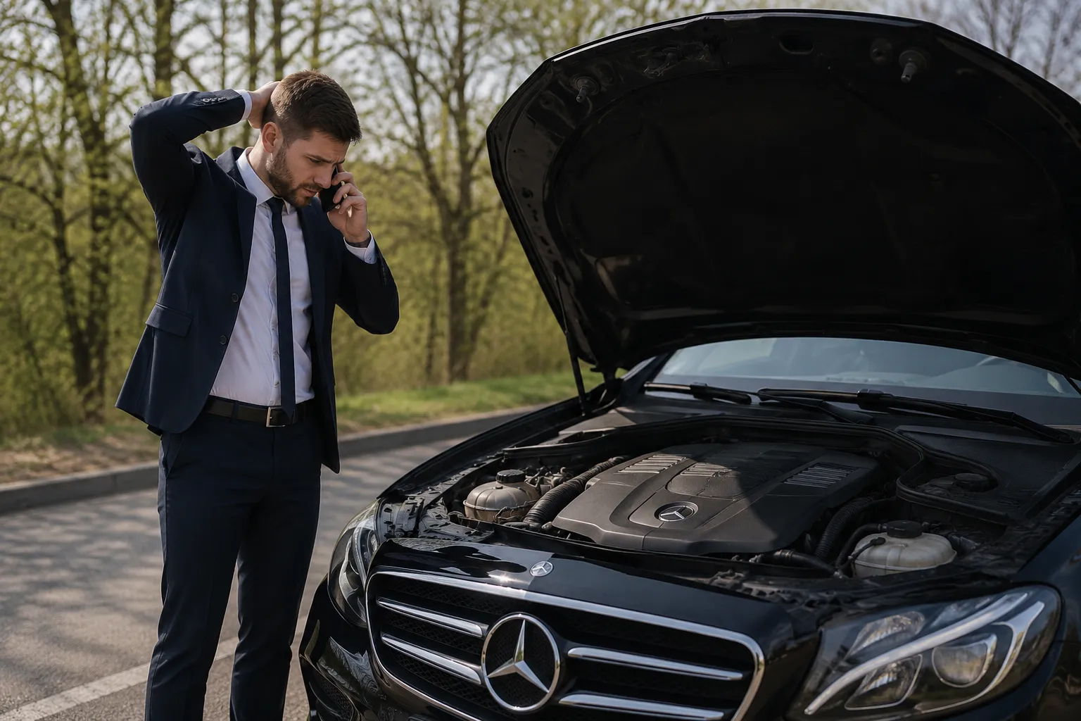 Driver standing beside a Mercedes with the hood open, making a phone call after experiencing Mercedes starting problems on the roadside.