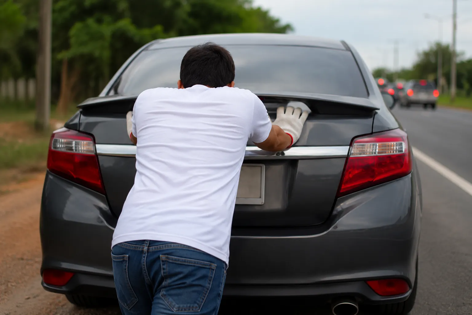 Man pushing a stalled sedan on the roadside after the car stalls while driving, highlighting a common roadside breakdown situation.