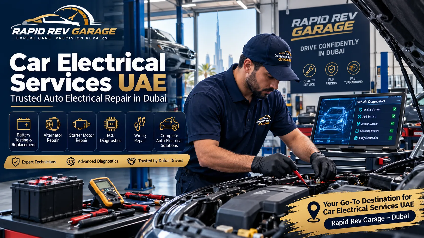 Car Electrical Services UAE by Rapid Rev Garage in Dubai with expert auto electrical diagnostics and repair