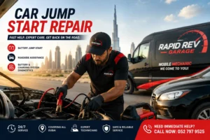 إصلاح Car Jump Start في دبي بواسطة Rapid Rev Garage الذي يوفر خدمة بدء تشغيل البطارية الاحترافية على جانب الطريق