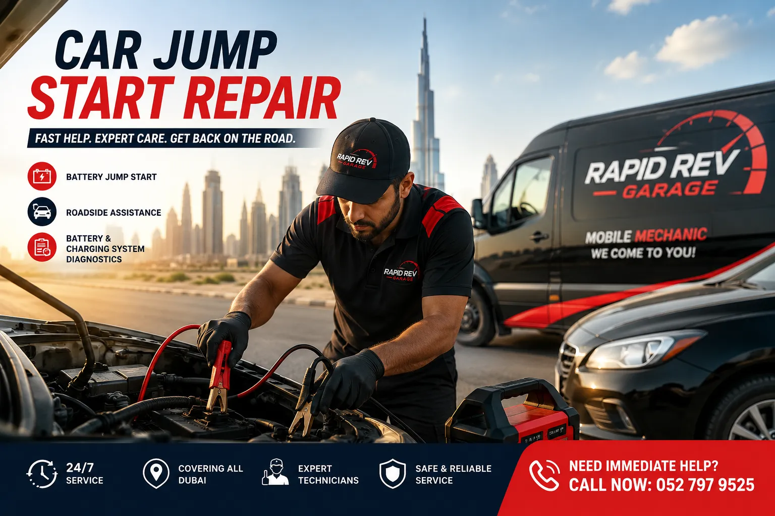 Car Jump Start Repair in Dubai by Rapid Rev Garage providing professional roadside battery jump start service