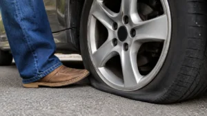 Close-up of a deflated car tire on the roadside, illustrating how a flat spot on tire can affect vehicle safety and performance.