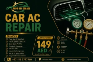 Mechanic inspecting a vehicle's air conditioning system in a professional auto repair shop, diagnosing why the car AC is not cooling and performing maintenance to restore proper cooling performance.