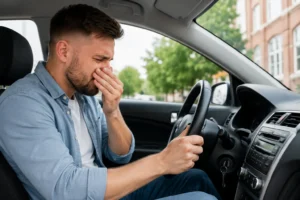 Driver covering his nose while sitting behind the wheel, illustrating a burning rubber smell from car that may indicate overheating components, a slipping belt, or another mechanical issue.