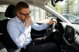 Driver covering his nose inside a vehicle after noticing a rotten egg smell in car, a common sign of catalytic converter, battery, or exhaust system issues.