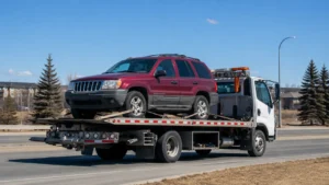 A flatbed tow truck transports a red SUV along a city road under clear blue skies, with the vehicle securely fastened for safe transit. This image represents a professional Dubai car recovery service, offering reliable vehicle towing, roadside assistance, and secure transportation for cars in need of emergency recovery or breakdown support.