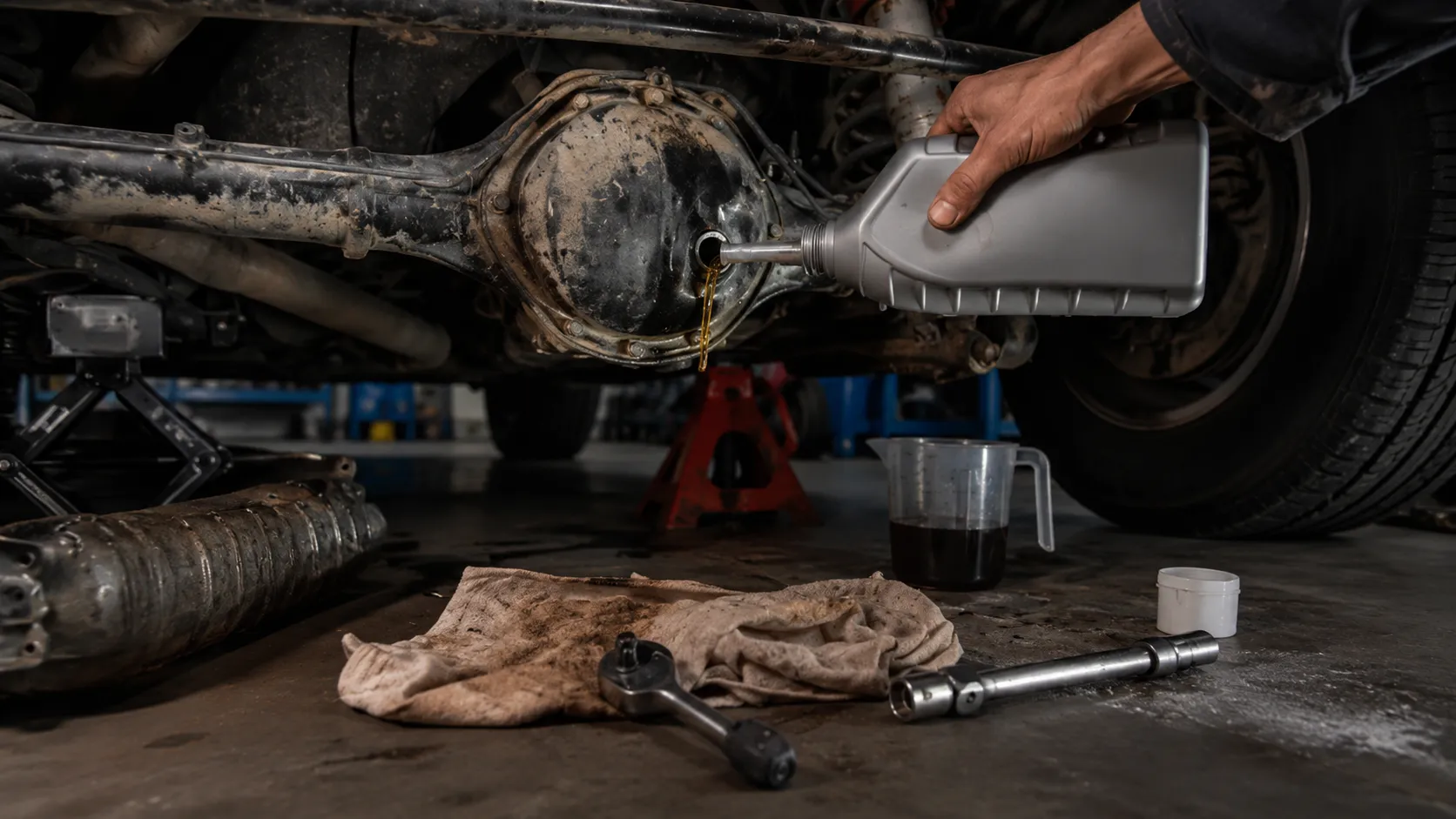 A mechanic pours fresh lubricant into the rear differential beneath a vehicle in a workshop, with tools and automotive parts visible on the floor. This detailed maintenance scene highlights the importance of an oil change Benz service and drivetrain fluid replacement to help maintain smooth performance and long-term reliability.