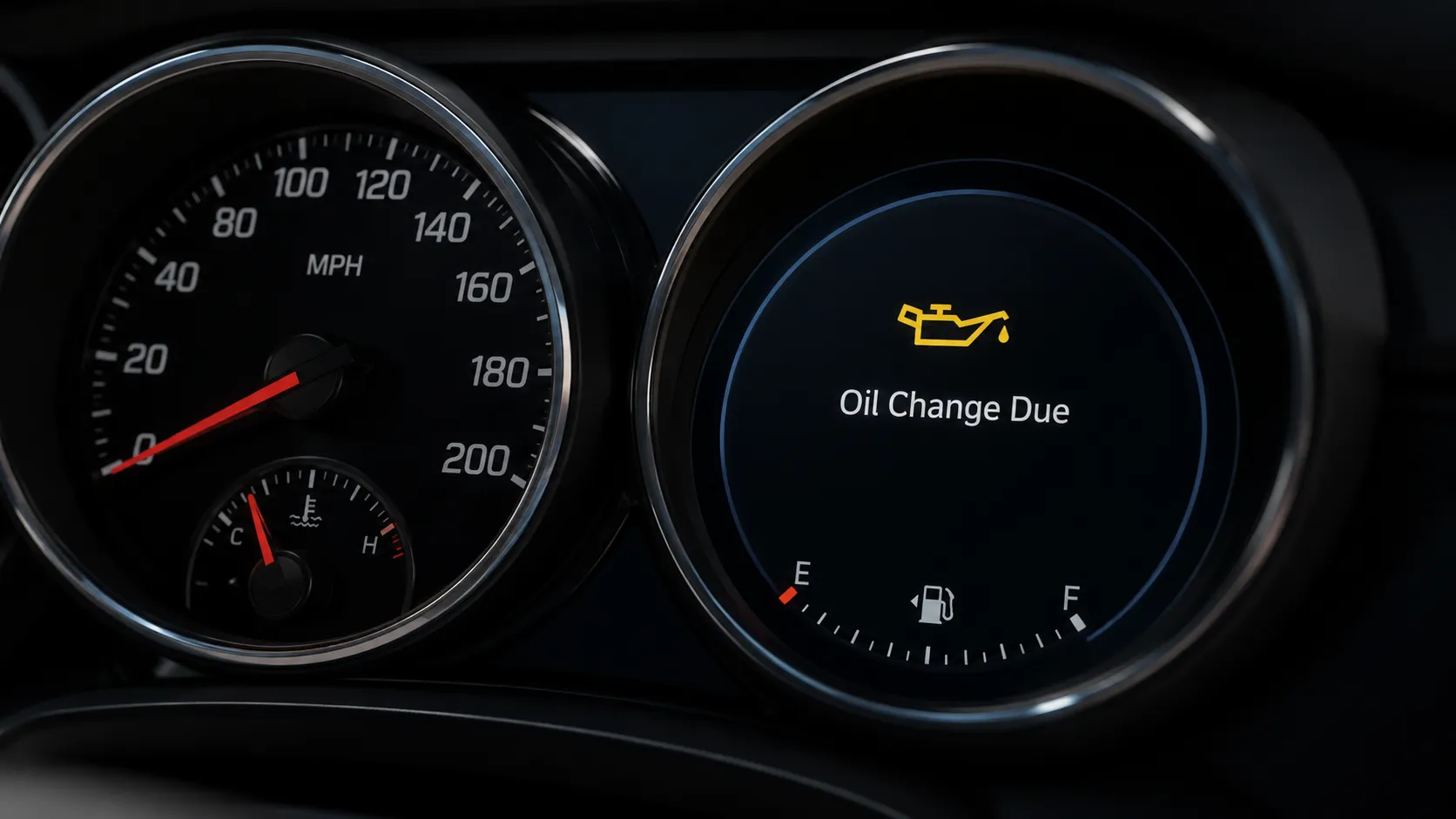 A close-up of a modern vehicle instrument cluster displays an illuminated "Oil Change Due" warning on the digital dashboard, reminding the driver that routine maintenance is required. This image emphasizes the importance of scheduling an oil change for Chevy Camaro to help maintain engine performance, fuel efficiency, and long-term reliability.