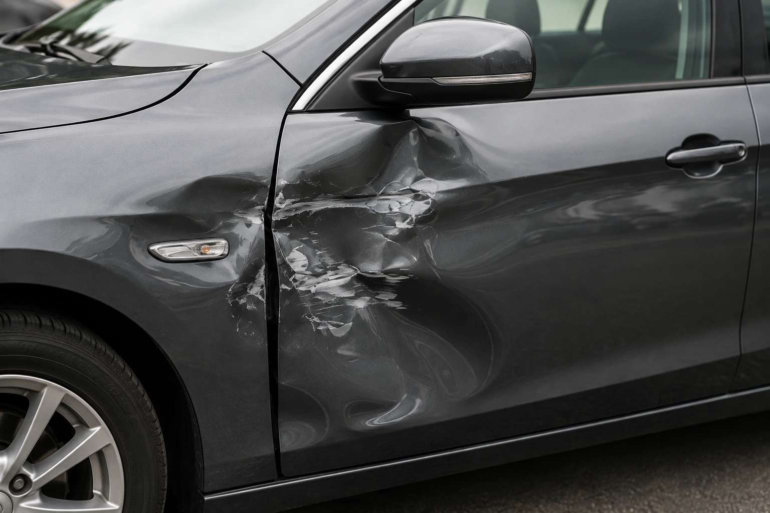 Close-up of a dark gray car with a noticeable dent and scraped paint on the front door and fender, illustrating can small dents become bigger over time?