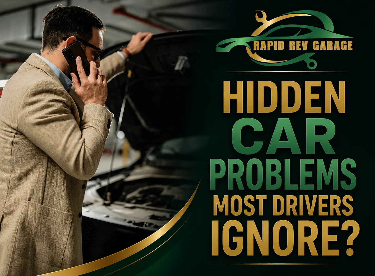 Car owner inspecting a vehicle in a garage while learning about hidden car problems most drivers ignore.