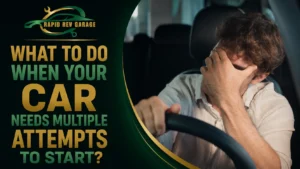 Frustrated driver dealing with a car needs multiple attempts to start.