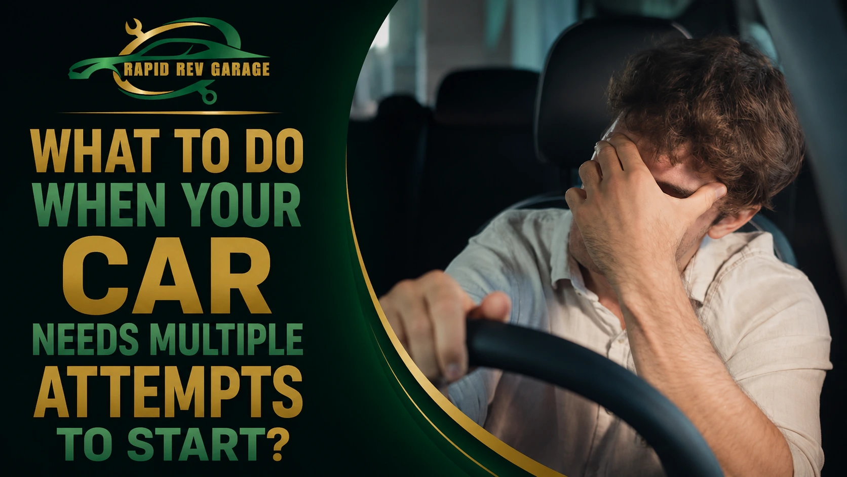 Frustrated driver dealing with a car needs multiple attempts to start.