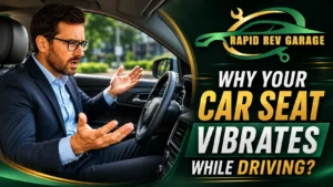 A concerned driver sits inside a car with his hands raised in frustration, illustrating a seat vibrates while driving issue.