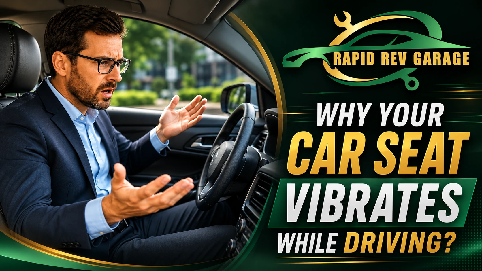 A concerned driver sits inside a car with his hands raised in frustration, illustrating a seat vibrates while driving issue.
