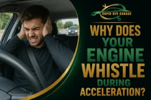 A frustrated male driver covering his ears while driving, illustrating the issue of an engine whistle during acceleration.