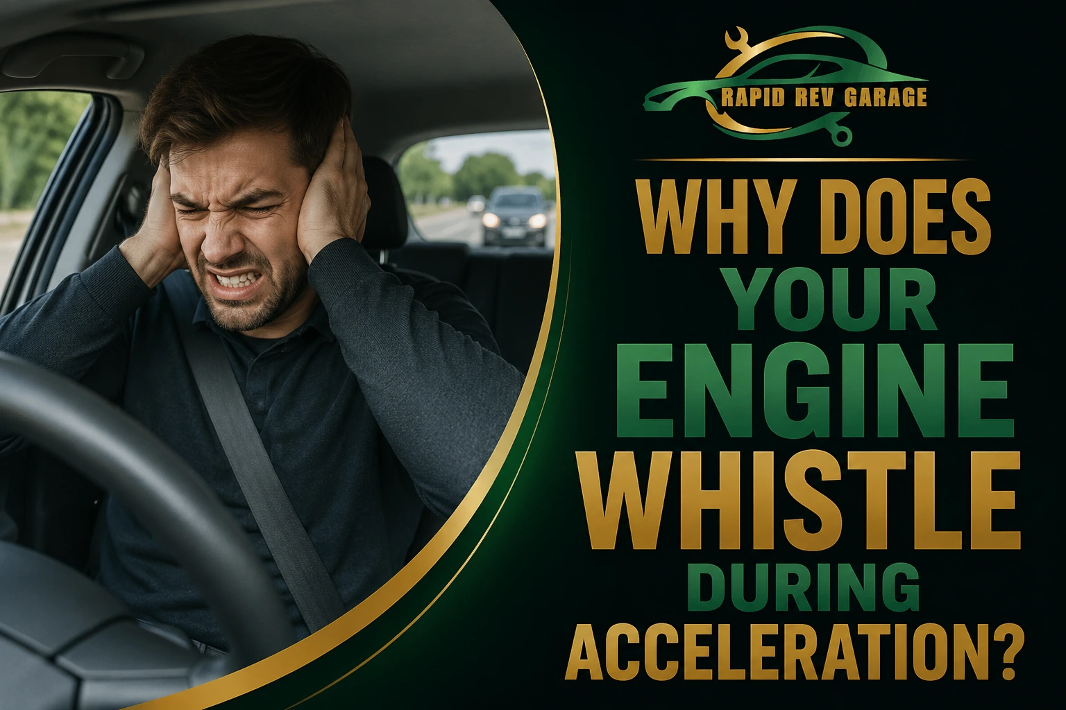 A frustrated male driver covering his ears while driving, illustrating the issue of an engine whistle during acceleration.