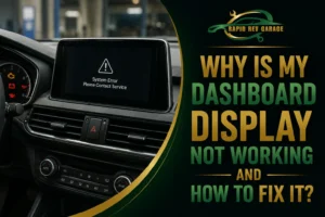 Car dashboard with a blank display and warning lights, illustrating the issue “Why Is My Dashboard Display Not Working?”